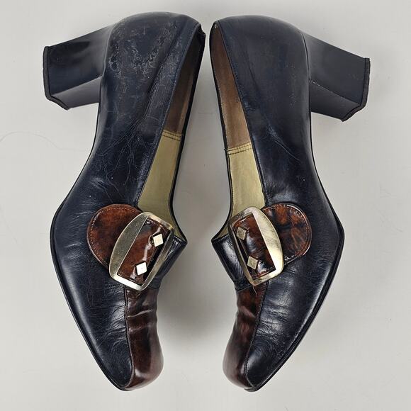 Vtg 1970s two tone leather square toe retro mod block heel pumps shoes 7.5 - Picture 5 of 8